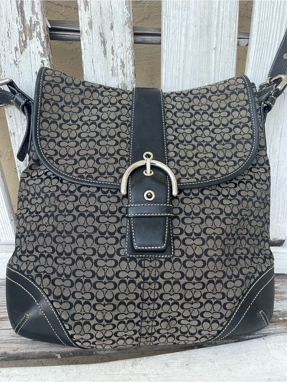 Vintage Coach Soho Signature Black Canvas Leather Flap Crossbody Shoulder Bag
